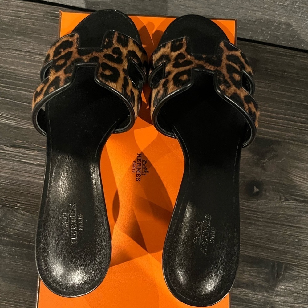 NIB Hermes Oasis Sandals Heels Leopard Print Pony Hair 38 - Picture 7 of 15